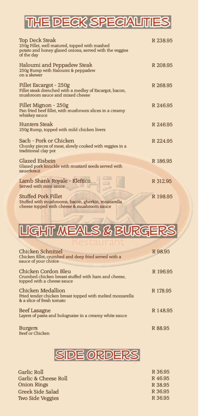 Menu Main menu at The Deck Restaurant in Rustenburg.