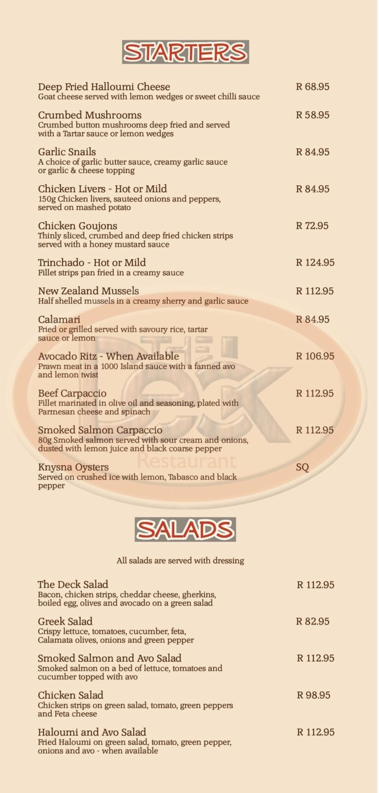 Menu Main menu at The Deck Restaurant in Rustenburg.
