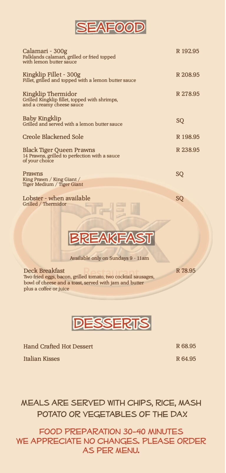 Menu Main menu at The Deck Restaurant in Rustenburg.