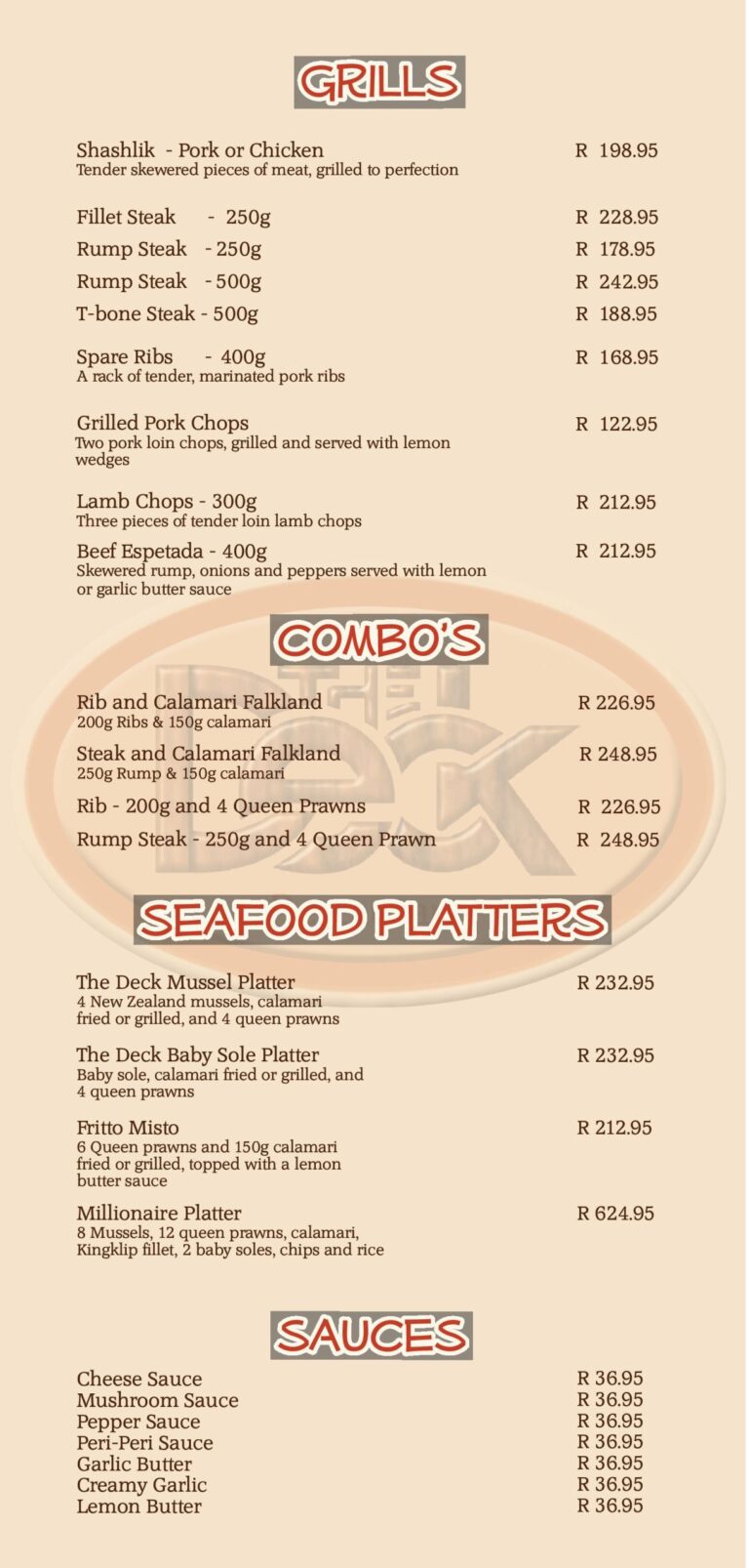 Menu Main menu at The Deck Restaurant in Rustenburg.